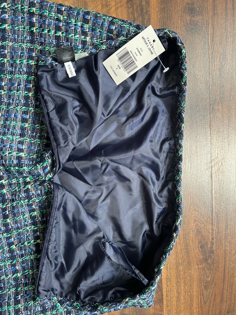 Textured Navy and Green Tweed Women's Blazer and Skirt Set | 6